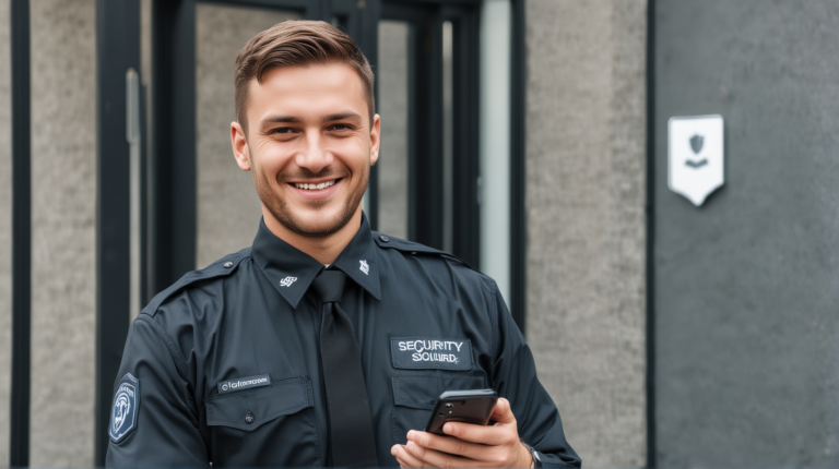 Guardia de seguridad monitoreando rondas en una instalación industrial utilizando tecnología avanzada.