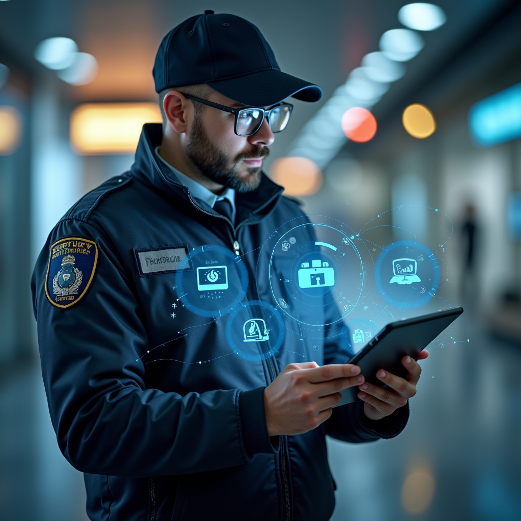 Security guard using a tablet to optimize inspection rounds.