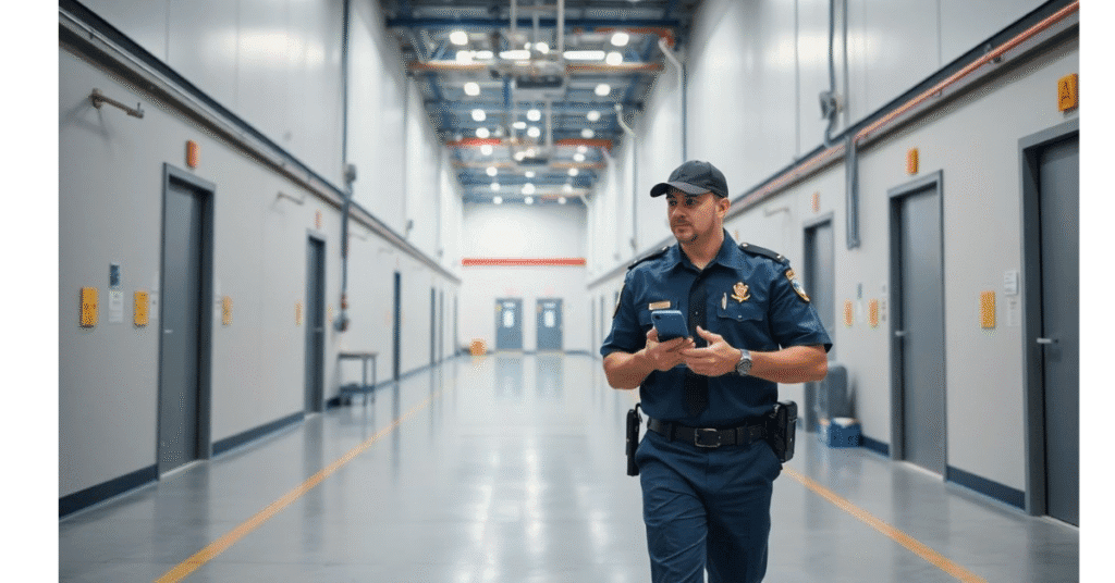 Guardia de seguridad realizando un rondín en un corredor industrial, usando una tableta para registrar puntos de control