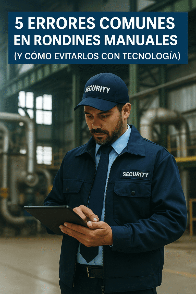 Guardia de seguridad registrando un rondín con una tableta en una planta industrial moderna