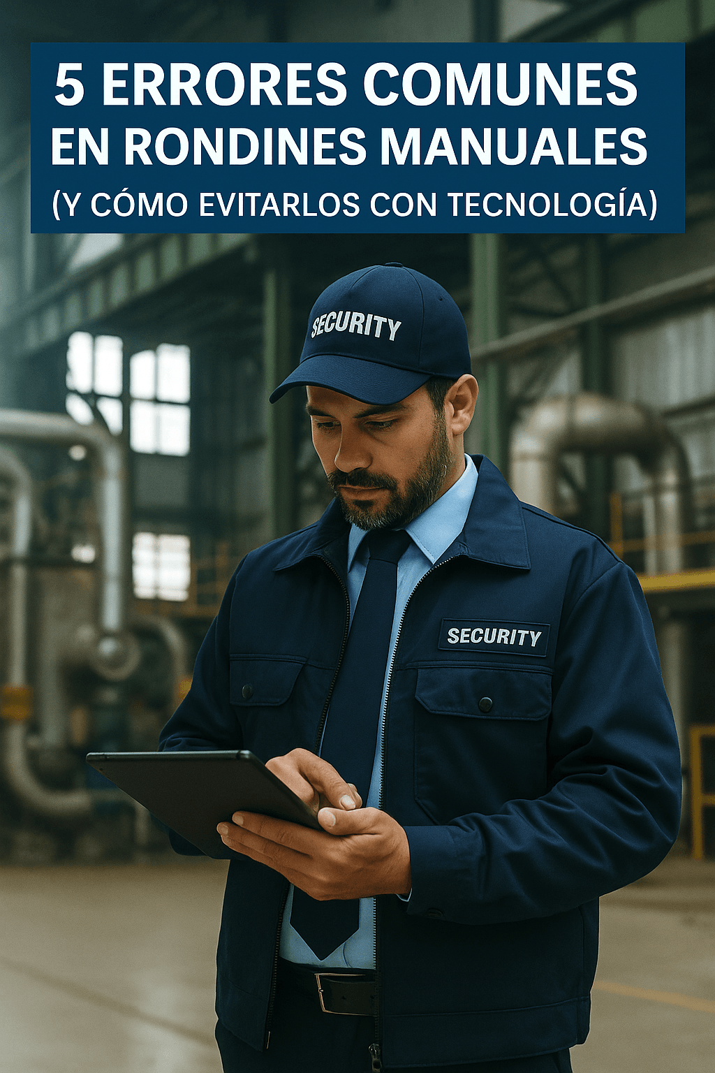 Guardia de seguridad registrando un rondín con una tableta en una planta industrial moderna