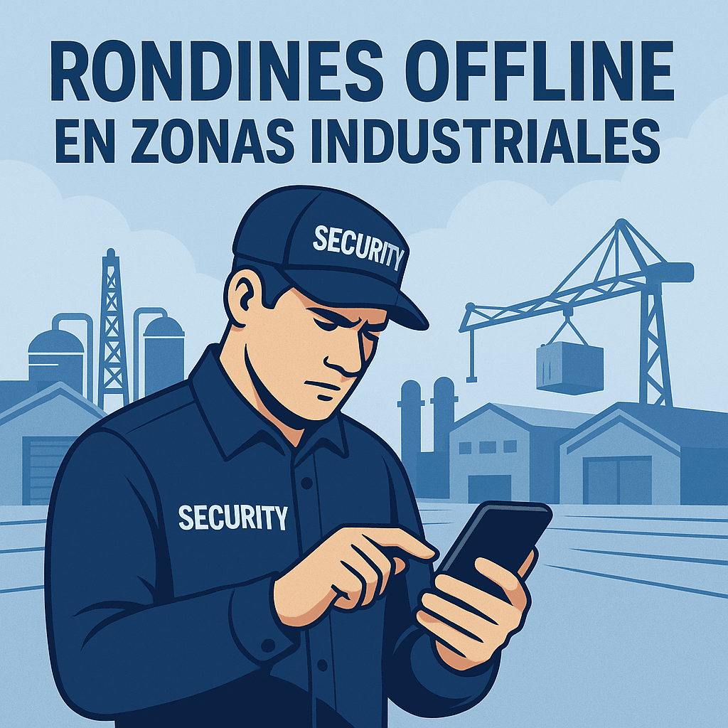 Guardia de seguridad operando rondines con app offline en zona industrial.