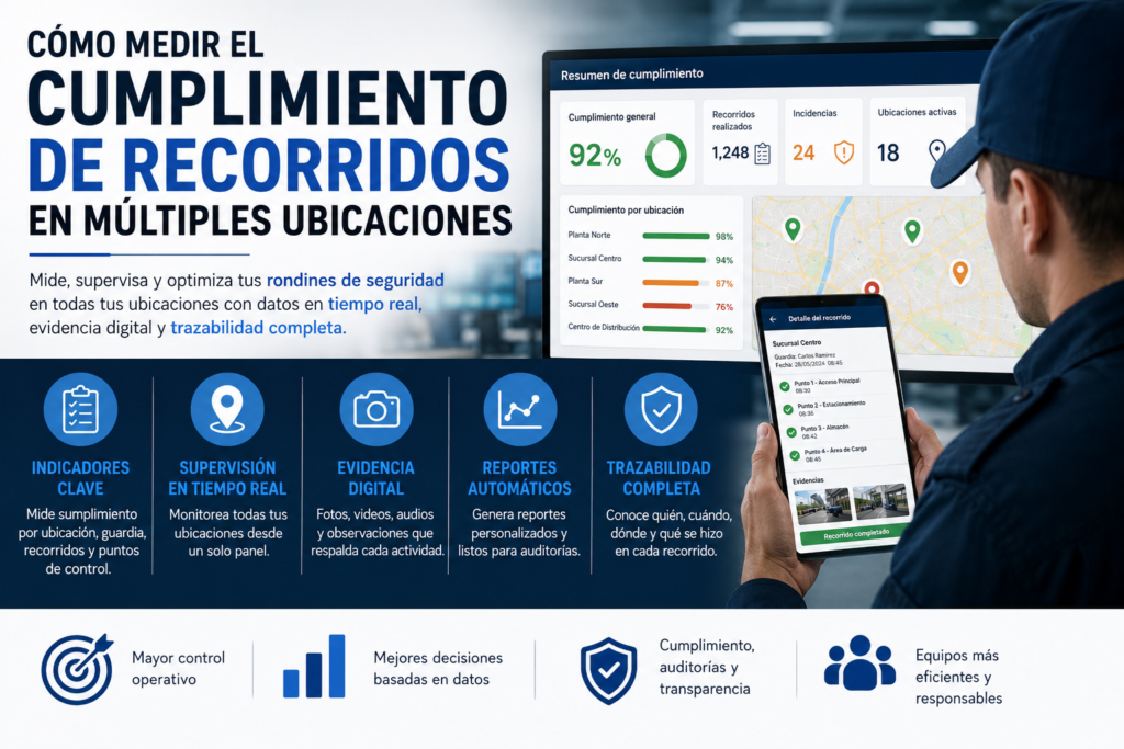 Supervisor de seguridad utilizando una aplicación móvil para monitorear el cumplimiento de recorridos en múltiples ubicaciones. La imagen muestra indicadores operativos, niveles de cumplimiento, incidencias, ubicaciones activas y trazabilidad de rondines de seguridad en tiempo real.
