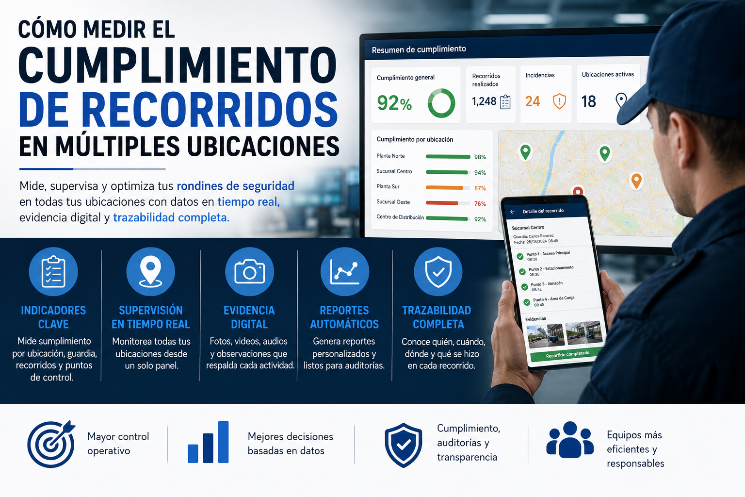 Supervisor de seguridad utilizando una aplicación móvil para monitorear el cumplimiento de recorridos en múltiples ubicaciones. La imagen muestra indicadores operativos, niveles de cumplimiento, incidencias, ubicaciones activas y trazabilidad de rondines de seguridad en tiempo real.