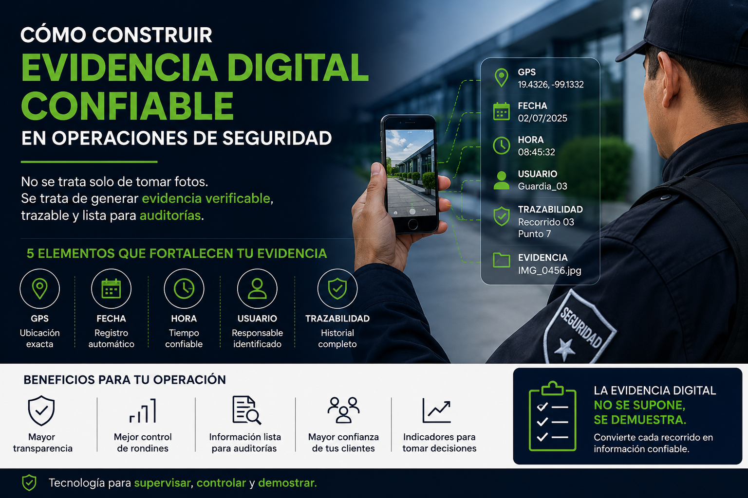 Evidencia digital en operaciones de seguridad con GPS, fecha, hora, usuario y trazabilidad.