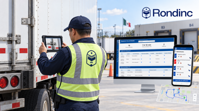 Guardia realizando inspección CTPAT de un tráiler con tablet y sistema Rondinc.