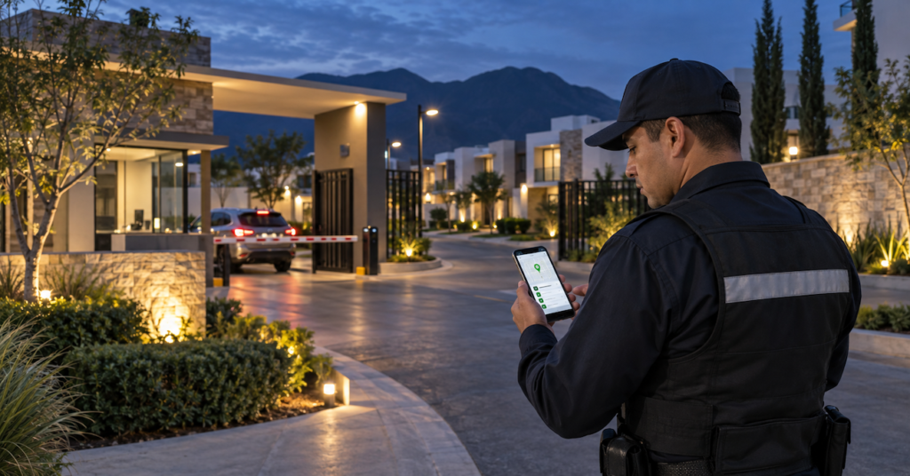 Guardia utilizando un rondinero de vigilancia en un fraccionamiento